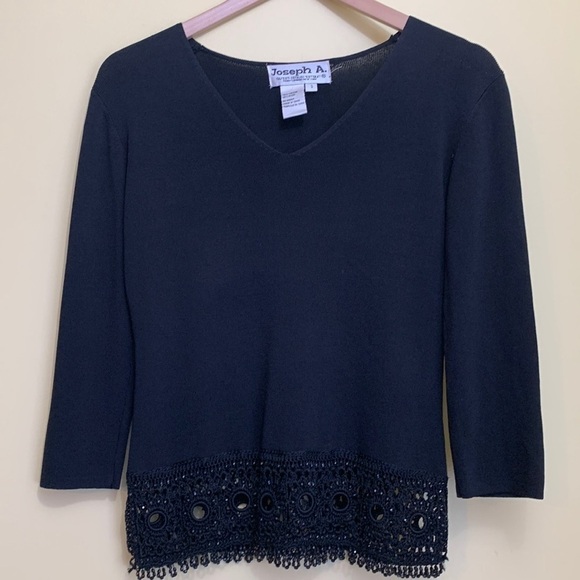 Joseph A || Black Embroidered Beaded Lace V-Neck Pullover Lightweight Knit Top S - Picture 1 of 17